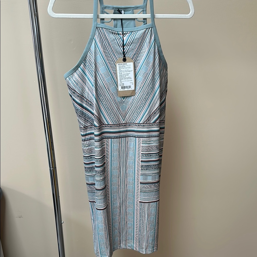 Prana Green Pattern Halter Dress, built in bra, M